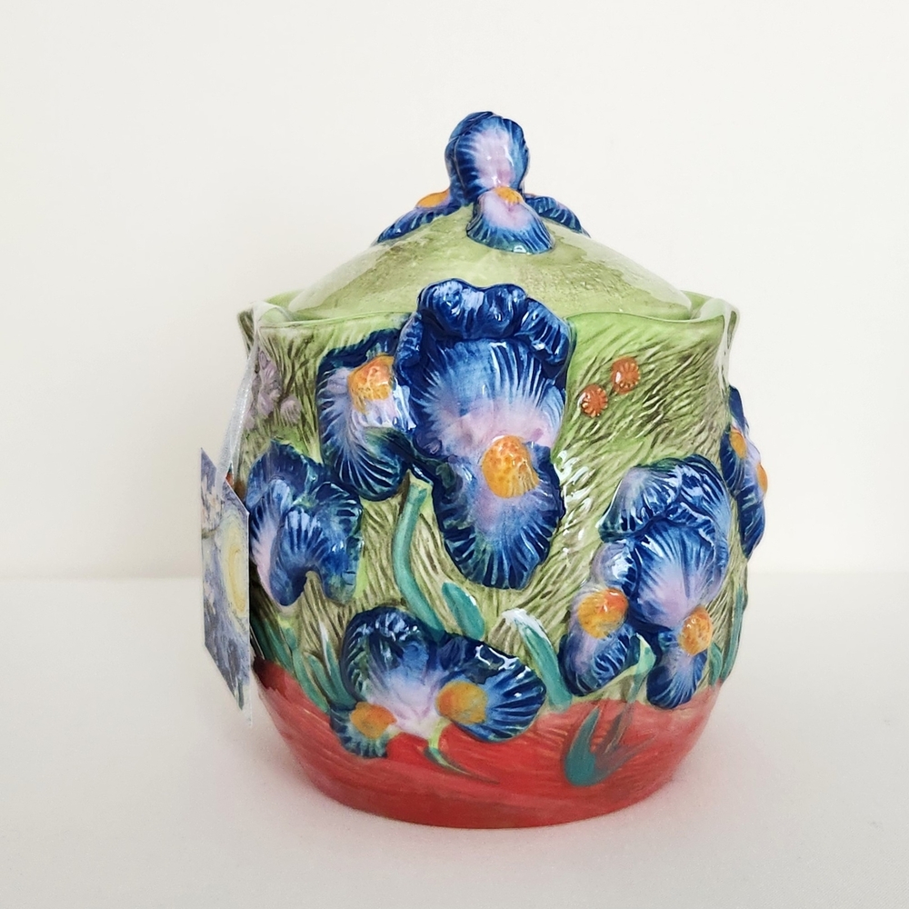 Corner Ruby Iris Flower Ceramic Canister Jar, Starry Flora Collection Van Gogh